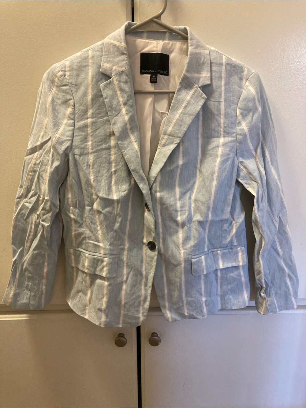 Banana Republic Pale Blue and White Striped Linen-Blend Blazer
